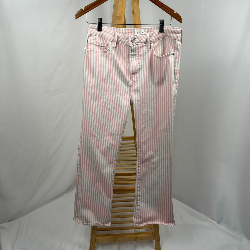 Frame Le Crop Mini Boot Jeans Womens 32 Pink White Striped Stretch Denim